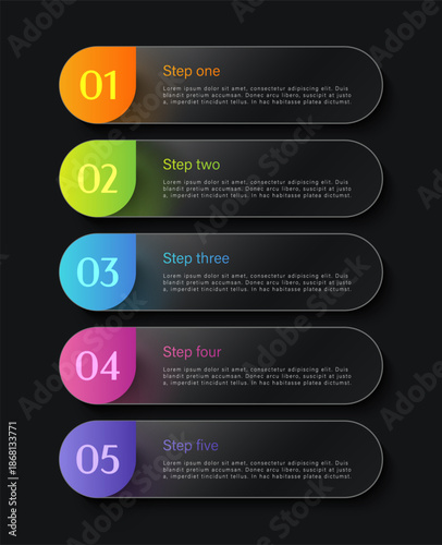 Transparent infographics with glowing elements for data visualization. Five step processes vertical layout of infographics