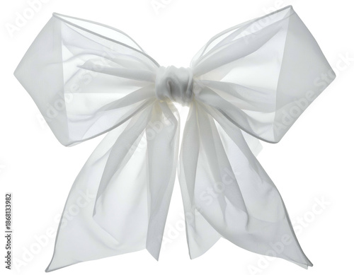 A delicate, sheer white bow with flowing ribbons and a central knot against a transparent background