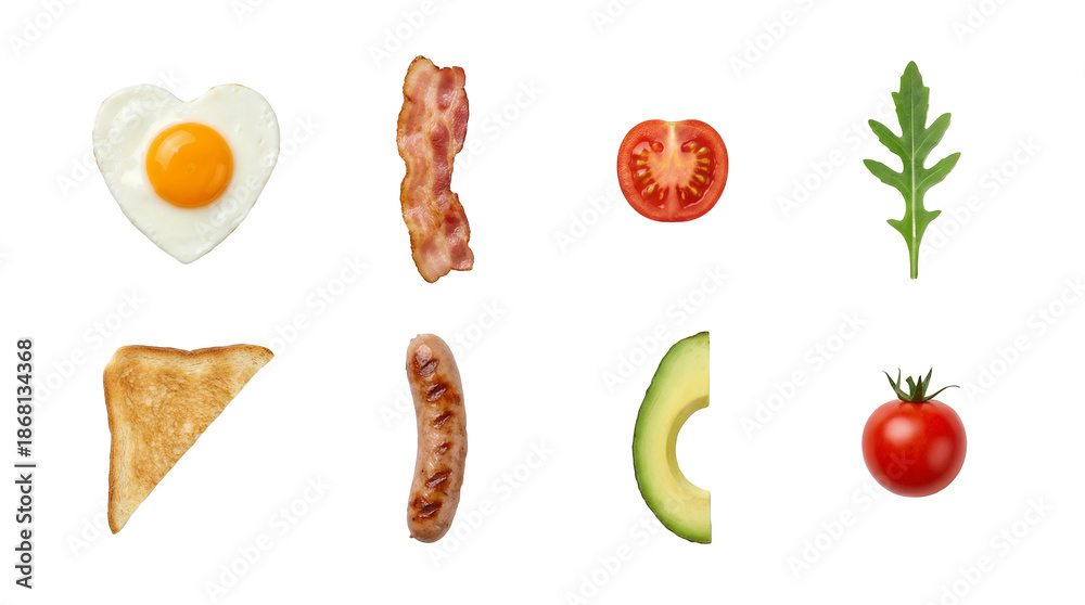 custom made wallpaper toronto digitalBreakfast food set including heart shaped egg, bacon, sausage, toast, avocado, tomato, and arugula isolated. Morning meal ingredient collection.
