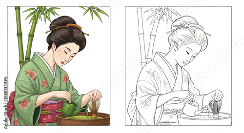 Japanese Woman Performing Traditional Tea Ceremony With Matcha Whisk Color and Sketch Art