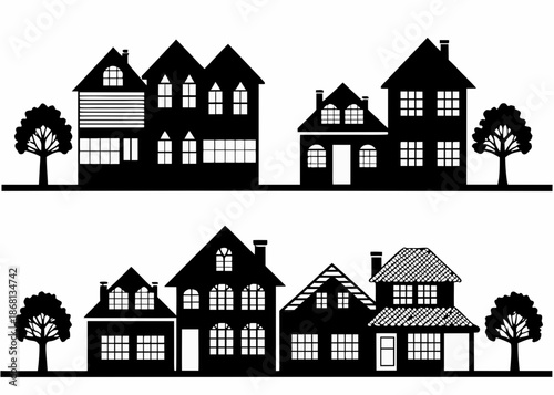 Silhouette of various houses with trees on a white background