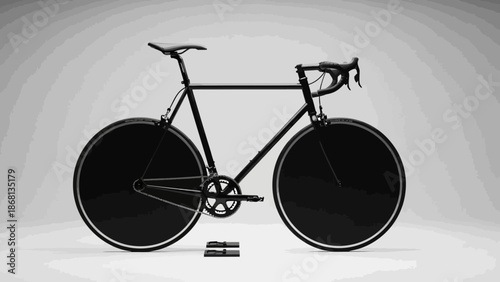 Sleek black road bicycle with disk wheels standing in a bright studio