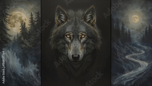Oil-painted mystical wolf triptych where the center panel shows a glowing wolf spirit with luminous eyes