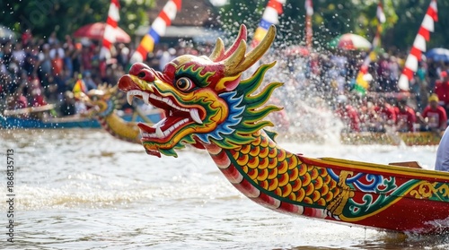 Colorful wooden dragon head on traditional boat prow