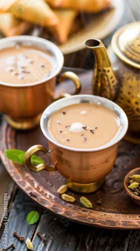 Indian tea ceremony with masala chai served in traditional copper cups and accompanied by snacks