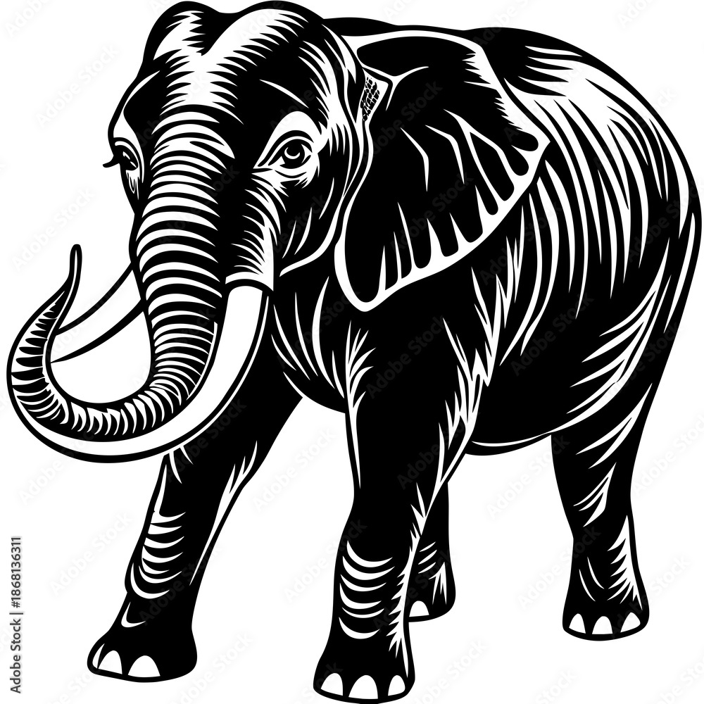 Fototapeta premium Silhouette of elephant walking, animal vector isolated on White Background