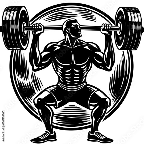 Silhouette of weightlifter lifting barbell, gym vector isolated on White Background