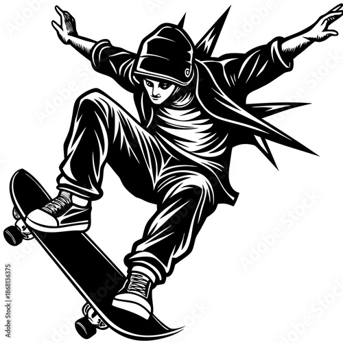 Silhouette of skateboarder doing trick, vector isolated on White Background