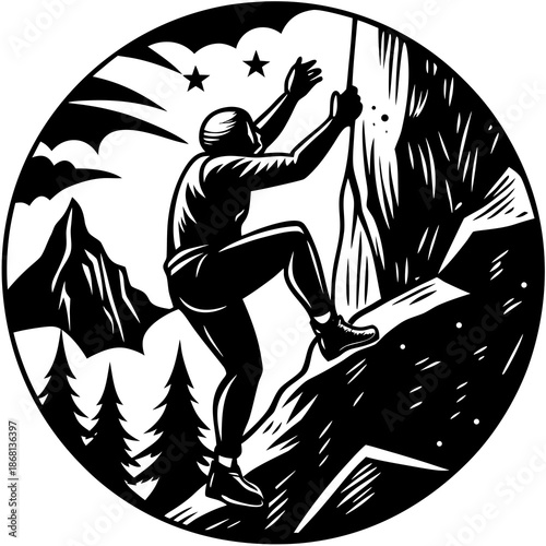 Silhouette of person climbing rock, adventure vector isolated on White Background