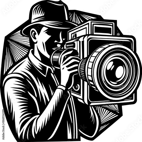 Silhouette of camera with photographer, photography vector isolated on White Background