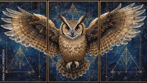 Owl guardian triptych painted in oil style, with the central owl staring forward, and side panels expanding into star-filled night skies and sacred geometry.