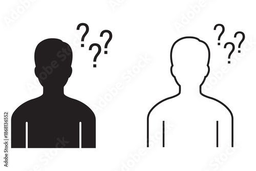 Man thinking icon, doubting or uncertain male icon. Man think icon white and black style. Person with question icons, man problem, human lost. Vector illustration.