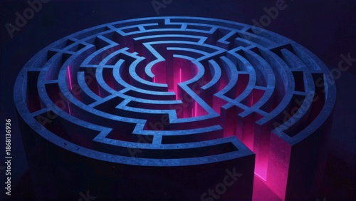 Circular maze with blue and pink neon lighting