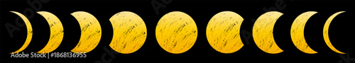 Brush drawn golden moon phases on black. Crescent waxing waning gibbous full moon. Full moon eclipse concept. Great for poster, banner, collage, brochure, cover, tattoo