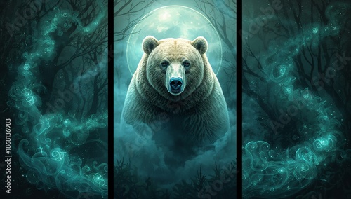 Mystical bear triptych where the bear emerges from moonlight in the center panel, with forest shadows and glowing runes flowing across side panels.