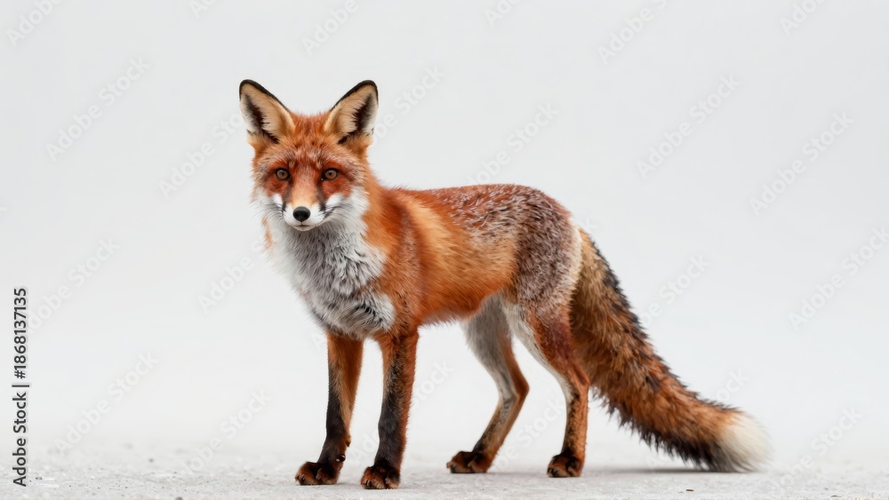 Fototapeta premium Red fox standing alert on white background