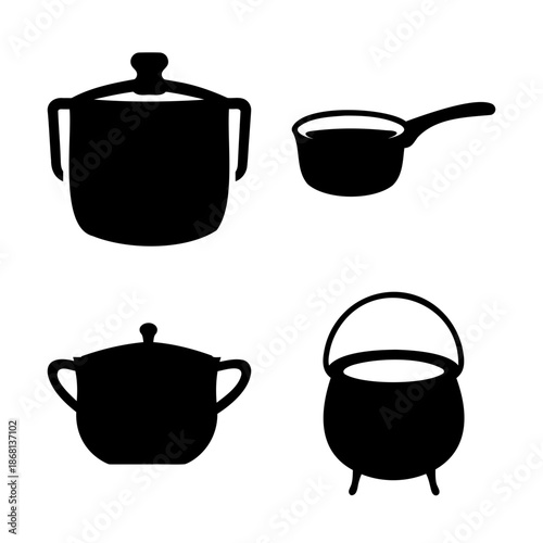 Various cooking pots and pans in black silhouette on white background