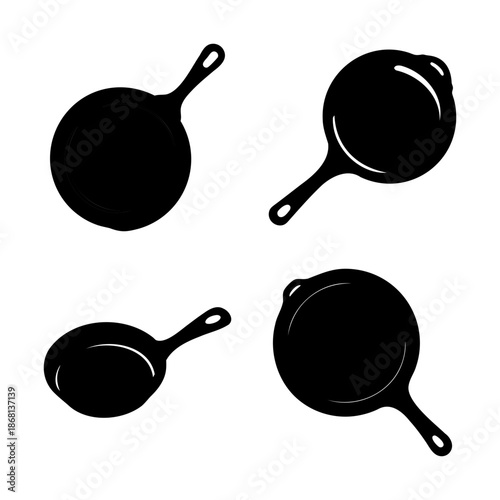 Four Black Silhouette Cast Iron Skillets on a White Background Pattern