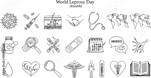 World Leprosy Day Health Icons: Bacteria, Syringe, Skin, Handshake, Stethoscope, World Map, Medicine Bottle, Magnifying Glass, Broken Chain, Bandage, Calendar, Awareness Speech Bubbles, Neuron