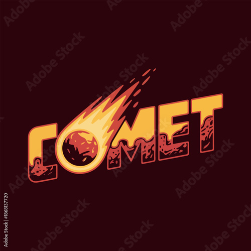 Comet Logo Design with Fire Meteor Effect. Fiery Comet Text Logo with Flaming Meteor Illustration. Meteor Comet Logo with Fire Trail on Dark Background. Burning Comet Wordmark Logo in Retro Style. 