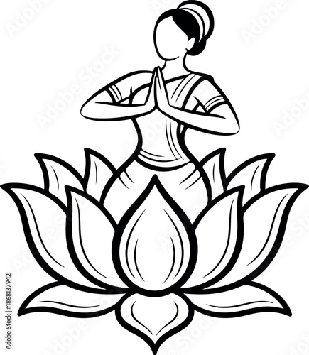 Woman Meditating on Lotus Flower Line Art Illustration. Yoga Meditation Pose Woman Sitting on Lotus Outline Drawing. Spiritual Yoga Woman Lotus Illustration in Minimal Line Style. 