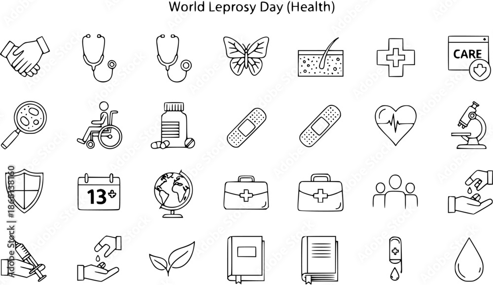 Fototapeta premium World Leprosy Day Health Icons Set: Medical Symbols, Care, Diagnosis, Treatment, Stethoscope, Syringe, Butterfly Vector Line Art