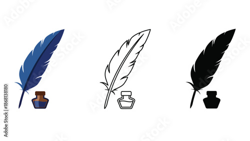 Three colorful feather quill pens with ink bottles on a white background