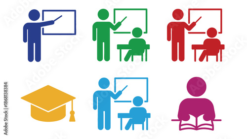 A colorful illustration of education icons including teachers and students learning