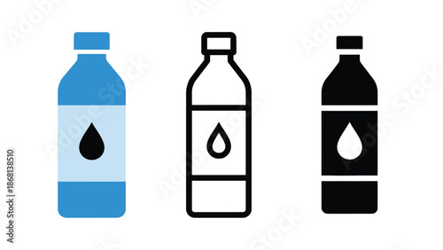 Three different colored water bottle icons with a drop symbol on each label