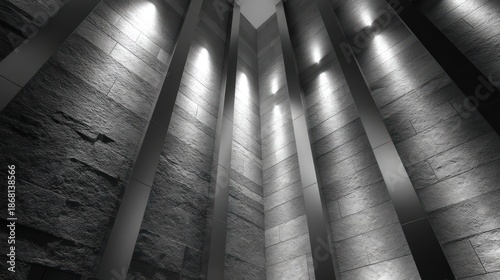 Modern atrium showcasing vertical stone wall illuminated by angled side-light Shadows emphasize surface depth brilliance glimmers subtly across