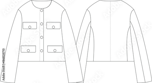 Cropped Jacket with Long Sleeves & Flap Details flat sketch technical drawing front and back view