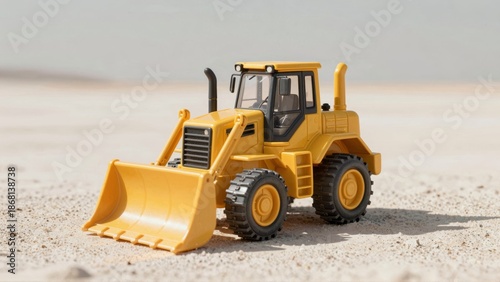 Yellow toy bulldozer on sandy beach