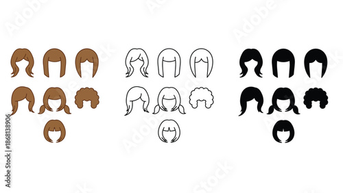 A collection of various hairstyle silhouettes and illustrations on a white background