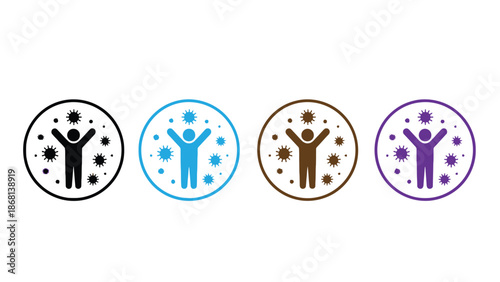 Four colorful icons of people with arms raised in celebration and surrounded by germs