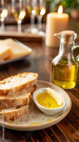 Italian olive oil tasting with bread and cheese in a wine bar