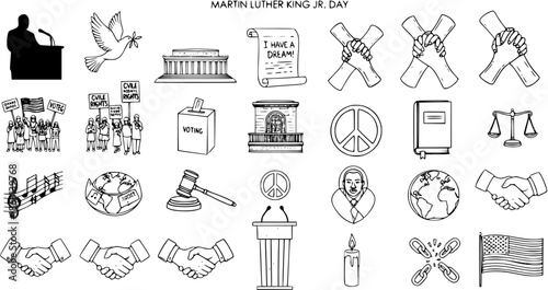 Martin Luther King Jr Day Black and White Line Art Icons - Peace, Voting, Justice, Civil Rights