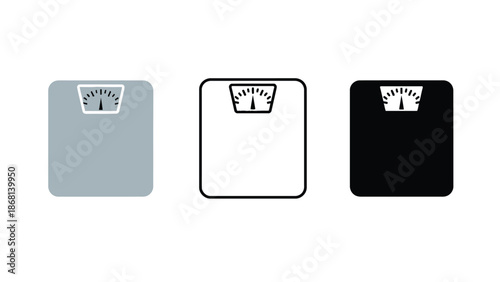 Three bathroom scales in different colors on a white background for weight measurement