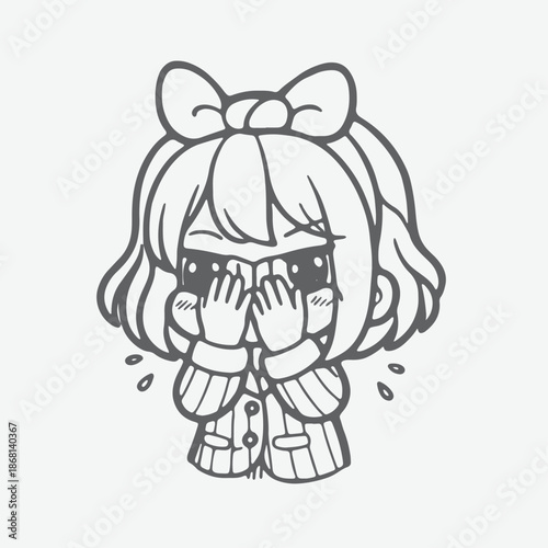 Cute Anime Girl Crying Hiding Face with Hands.