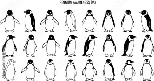 Black and White Line Art Penguin Illustrations Set for Penguin Awareness Day, Wildlife and Nature Conservation, Education, and Animal-themed Projects