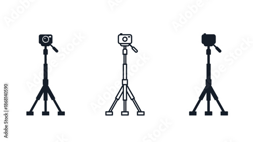 Three different camera tripods in various colors and designs on a white background