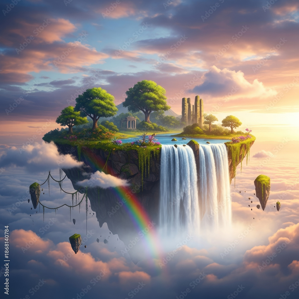 Fototapeta premium Enchanting Floating Island Paradise with Majestic Waterfalls and Rainbow.