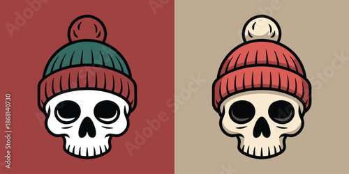 Vector Illustration of a Human Skull Wearing a Winter Beanie Hat with Pom-Pom, Minimalist Flat Design for Streetwear and Stickers