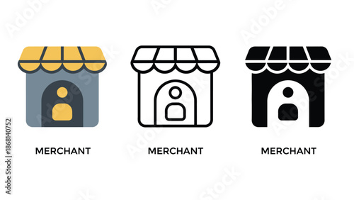 Three different colored merchant store icons on a white background