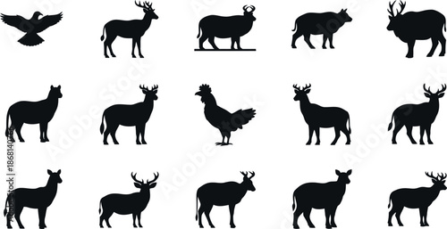 Collection of various animal silhouettes including deer birds and livestock