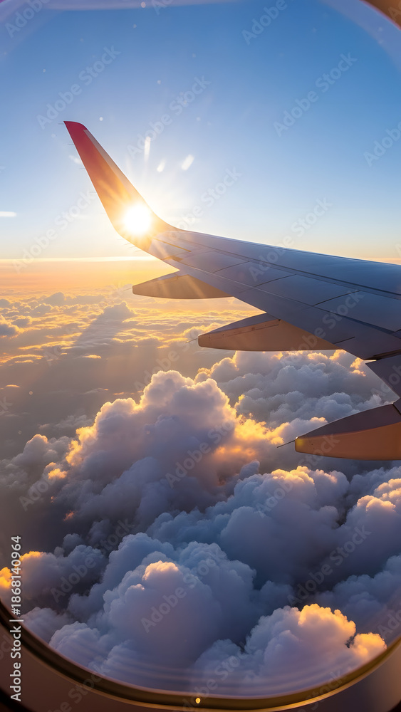 Obraz premium Golden Sunset Flight: Airplane Wing Over Majestic Clouds