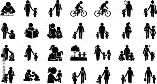 Collection of 30 black silhouettes depicting various human activities and interactions