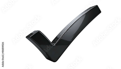 A glossy, three-dimensional dark gray check mark floats against a stark black background