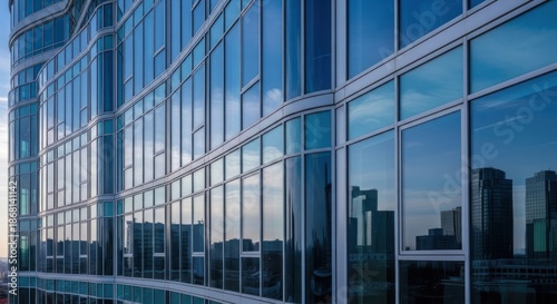 Modern architectural facade with glass windows reflecting urban scenery