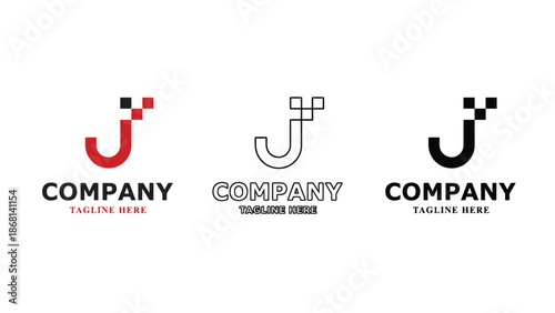 Three variations of a company logo with a stylized letter J and tagline