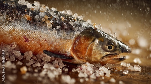 Cured arctic char with restrained salt crystals, warm neutral background